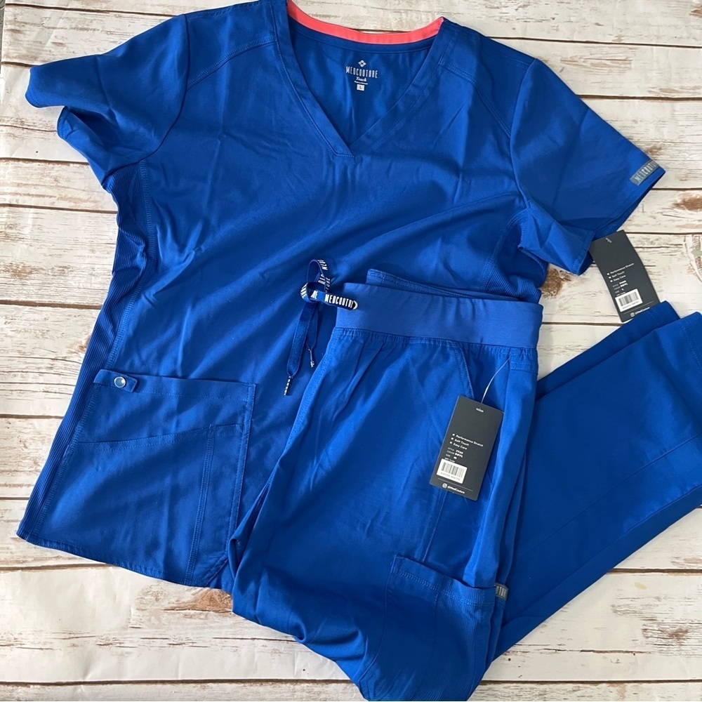 Med Couture Royal Blue Short Sleeve V-Neck Scrub Top and Pants